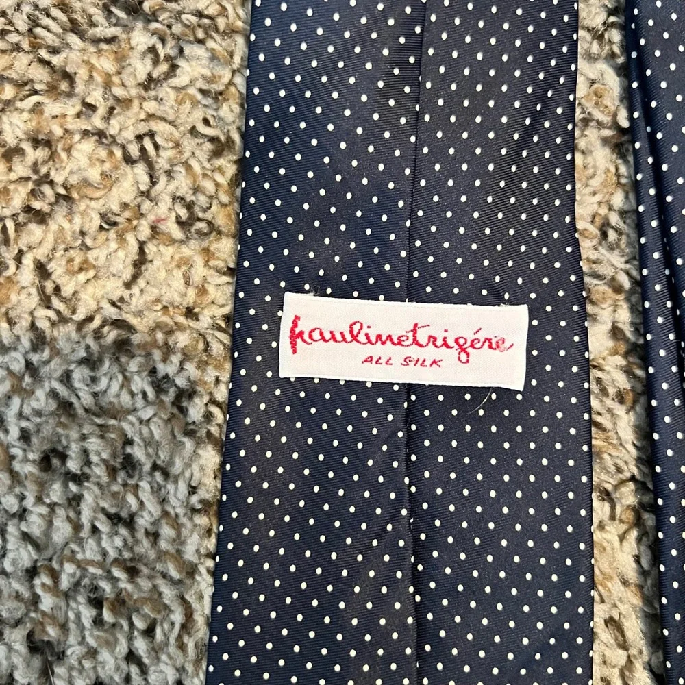 Pauline Trigere Mens Navy Blue White Pin Dot‎ Silk Necktie Classic Formal Tie